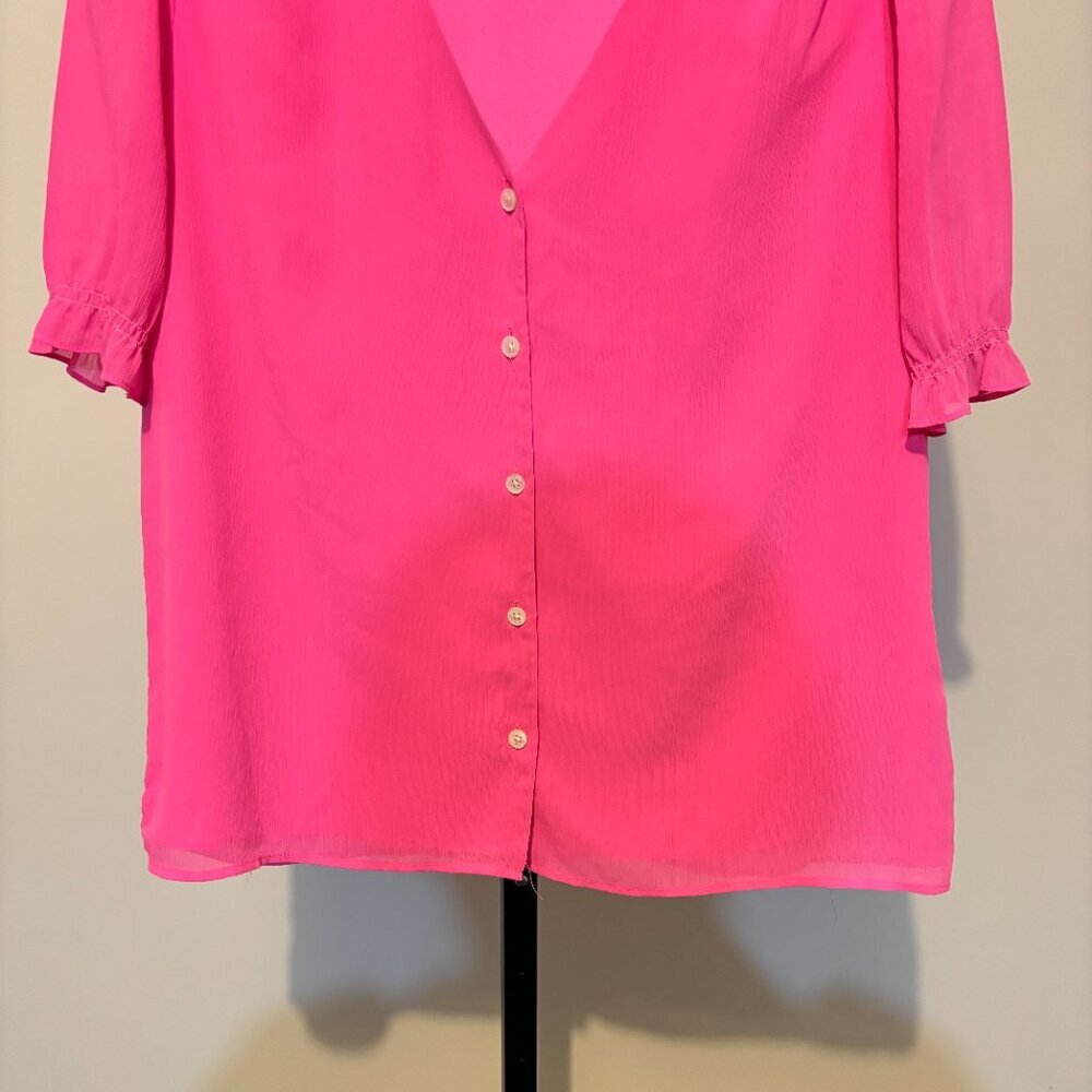 J. Crew Pink Ruffle Short Sleeve Button Front Blouse - Picture 7 of 11